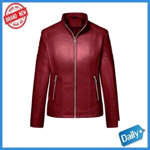 Plus Size Faux Leather Motorcycle Jacket Slim Fit Zipper Pockets